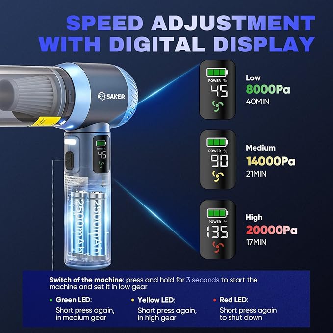 Saker Car Vacuum Portable Cordless 20000Pa Suction Power 4 in 1 Handheld Vacuum with LED Light Type-C Portable Mini Vacuums for Car, Home, Office, Pet HL157 Blue