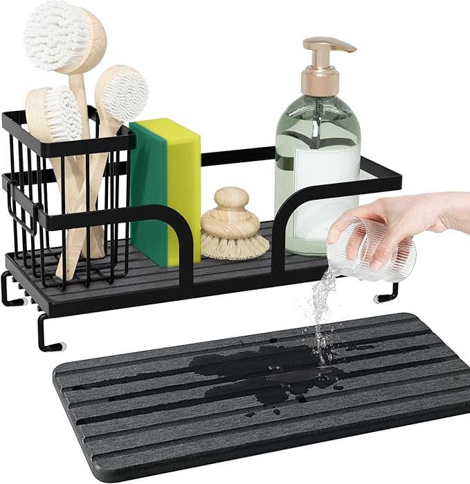 Sponge Holder for Kitchen Sink,Sink Caddy Organizers with Stone Drying Tray, Kitchen Sink Organizer for Sponges, Soap, 9.7" x 4.2"x 3.2" Home Decor Storage and Organization,2PCS Black