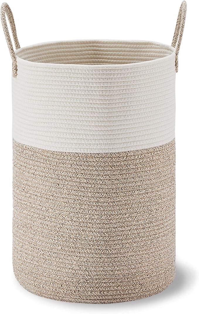 VIPOSCO Large Laundry Hamper, Tall Woven Rope Storage Basket for Blanket, Toys, Dirty Clothes in Living Room, Bathroom, Bedroom - 72L White & Brown