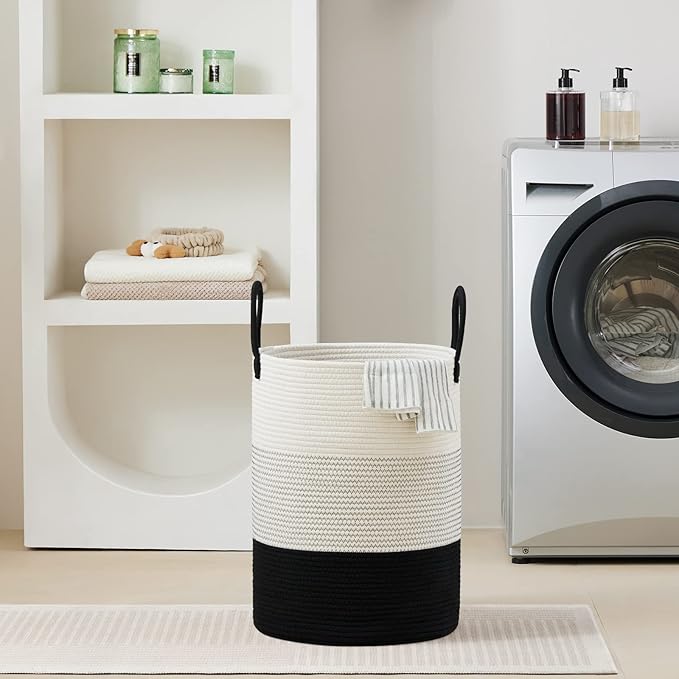 VIPOSCO Large Laundry Hamper, Tall Woven Rope Storage Basket for Blanket, Toys, Dirty Clothes in Living Room, Bathroom, Bedroom - 58L White & Black