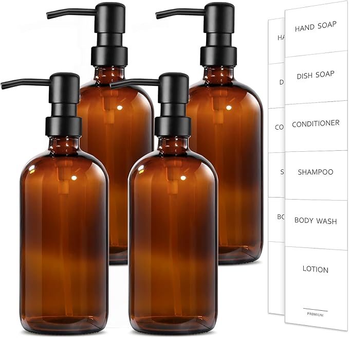 GMISUN Amber Glass Soap Dispenser, 4 Pack Bathroom Hand Soap Dispensers with Stainless Steel Pump, 17 Fl Oz Kitchen Hand and Dish Soap Dispenser Set, Modern Vintage Liquid Brown Soap Dispensers Bottle