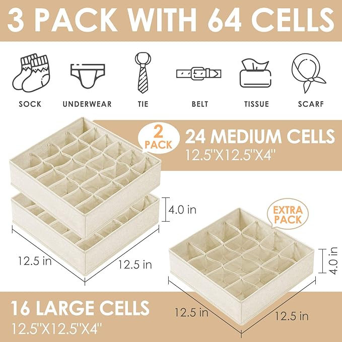 Criusia 3 Pack Sock Underwear Drawer Organizer Dividers, 64 Cell Fabric Foldable Cabinet Dresser Closet Organizers and Storage Boxes for Organizing Socks, Underwear, Ties (16+24+24 Cell, Beige)