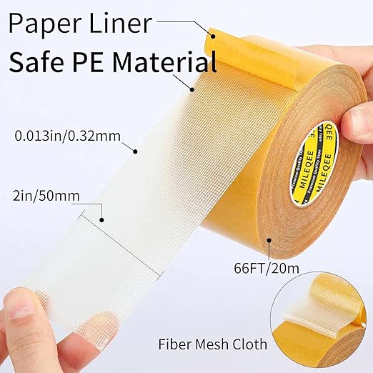 Double Sided Tape Heavy Duty, 2in x 66FT(20m),Universal High Tack, Sticky Resistente Clear Tape,Easy Use Transparent Tape, Strong Wall Adhesive with Fiberglass Mesh, Back School Supplies