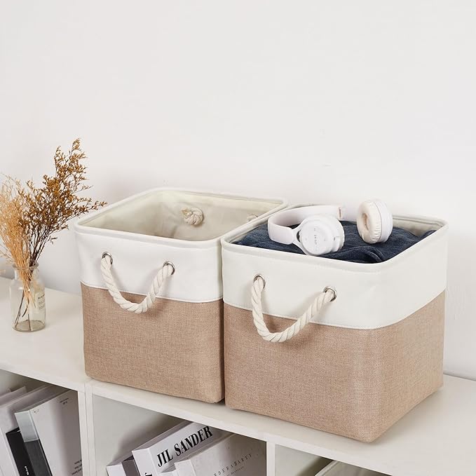 11 x 11 Inch Storage Cubes, 6 Pack Large Collapsible Fabric Storage Bin with Ropes, Foldable Storage Cubes for Home, Office,Closet, Clothes, Toys Organizer (White&Beige)