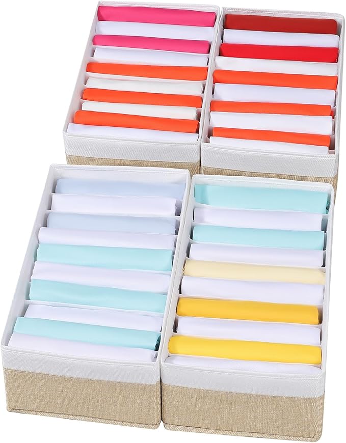 4 Packs T-shirt Drawer Organizers for Clothing,10 Grids Compartment Wardrobe Storage Box, Clothes Organizer for Folded Clothes, T-shirt, Legging-15.75''x9.06''x5.91-BeigeWhite