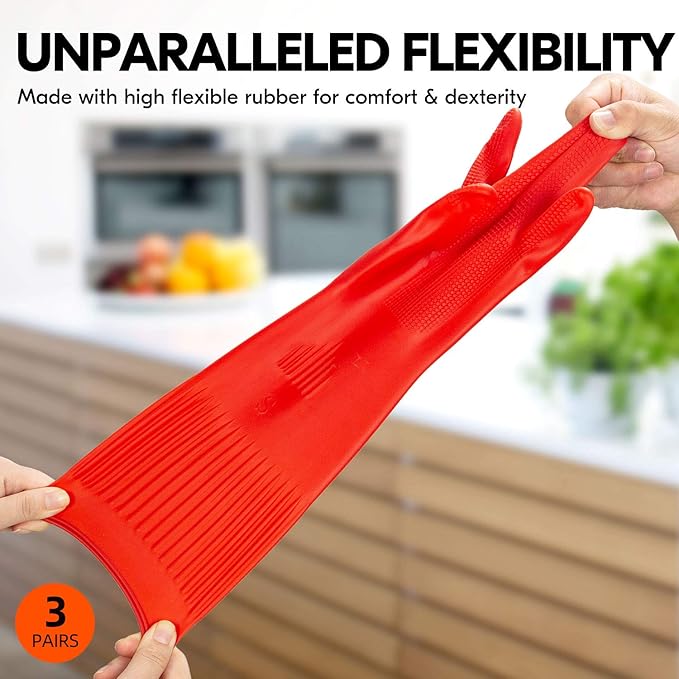 Vgo... 3-Pairs Dishwashing Gloves, Reusable Household Gloves, Long Sleeve, Thick Latex, Cleaning, Washing, Working, Painting, Gardening, Pet Care (Size M, Red, RB2143)