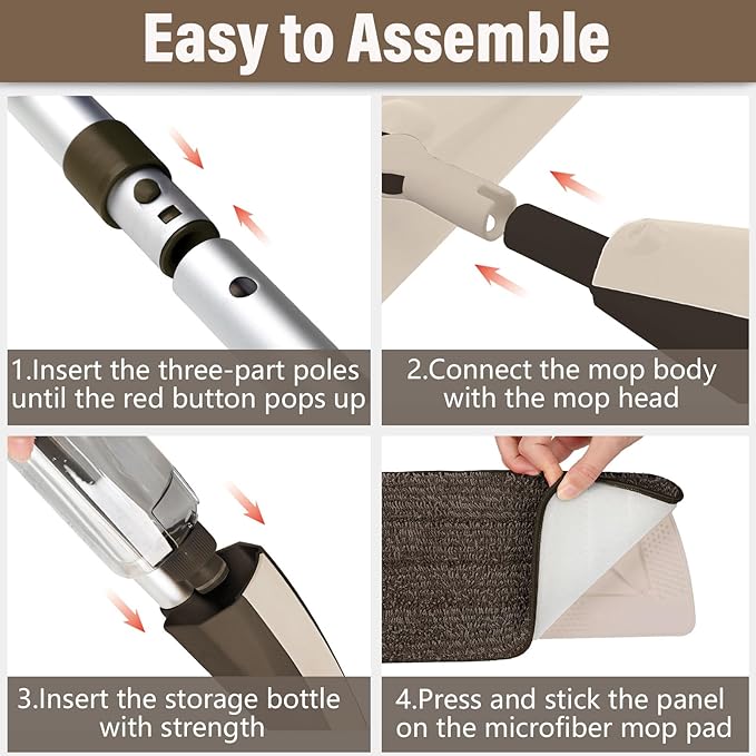 Mops for Floor Cleaning, 50 inch Spray Mop with 400ml Refillable Bottle and 2 Replacement Pads Dry Wet FloorCleaning Household or Commercial Use for Hardwood Laminate Tile Ceramic (Brown)