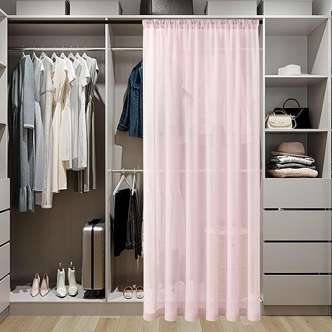 Tollpiz Short Sheer Door Curtain Closet Linen Textured Curtain Sheers Doorway Light Filtering Voile Patio Glass Door Rod Pocket Curtains French Door, 54 x 54 inches Long, Pink, Set of 1 Panel