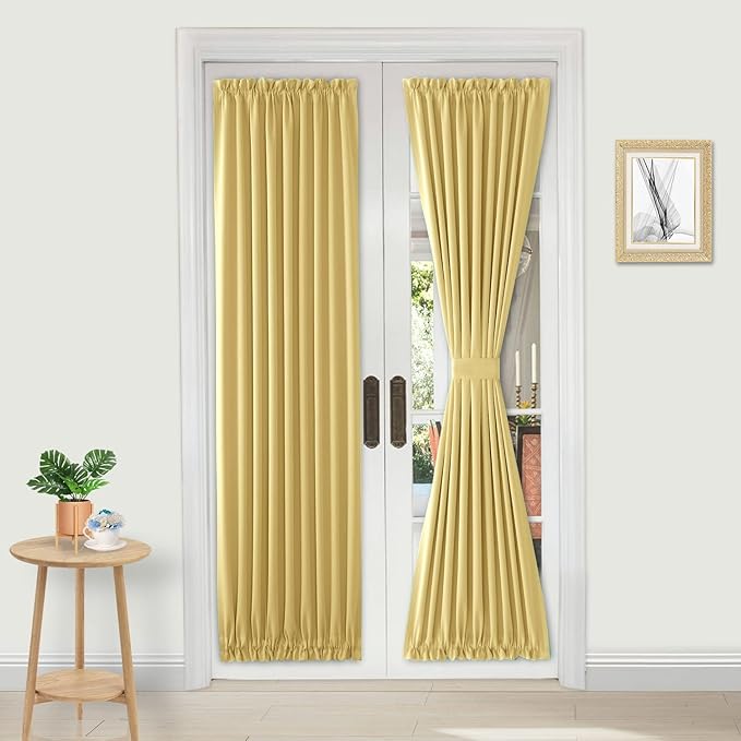 DWCN French Door Curtains – Rod Pocket Thermal Blackout Curtain for Doors with Glass Window, Kitchen and Patio Doors for Privacy, 25 X 72 Inches Long, 1 Curtain Panel with Tieback, Light Yellow
