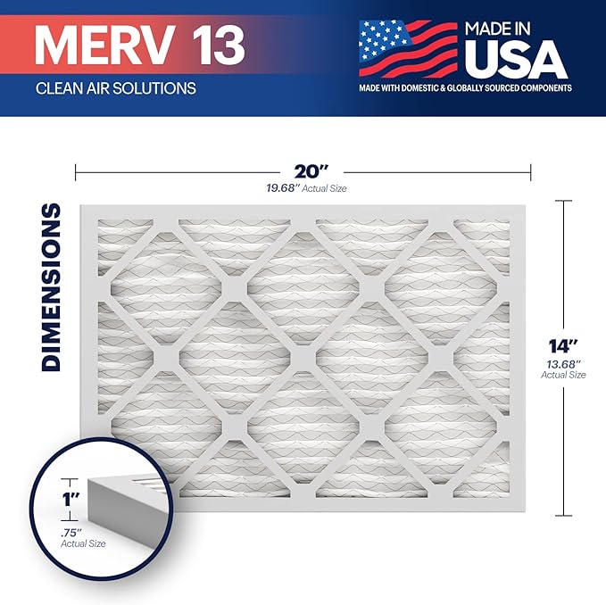 BNX TruFilter 14x20x1 Air Filter MERV 13 (6-Pack) - MADE IN USA - Electrostatic Pleated Air Conditioner HVAC AC Furnace Filters for Allergies, Pollen, Mold, Bacteria, Smoke, Allergen, MPR 1900 FPR 10