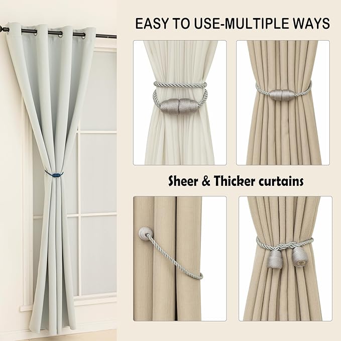 Magnetic Curtain Tiebacks - Rope Tiebacks for Curtains & Drapes, Decorative Window Holdbacks (8 Pack, Grey)