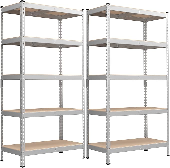 SONGMICS 5-Tier Storage Shelves, Load 2310 lb, Set of 2 Garage Storage, Boltless Assembly, Adjustable Shelving Unit, 17.7 x 35.4 x 70.9 Inches, for Study Shed Basement, Silver UGLR450E02