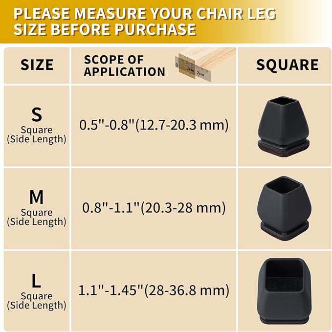 Ezprotekt 24 Pcs Square Silicone Chair Leg Floor Protectors for Wood Floors, Black Felt Furniture Pads Caps, Bar Stool Leg Floor Protectors Covers for Dining Table Chair (Fit 1.1"- 1.45")