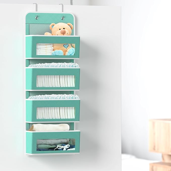 Simple Houseware 4 Clear Window Pocket Over Closet Door Storage Hanging Organizer for Bedroom, Bathroom, Pantry, Turquoise
