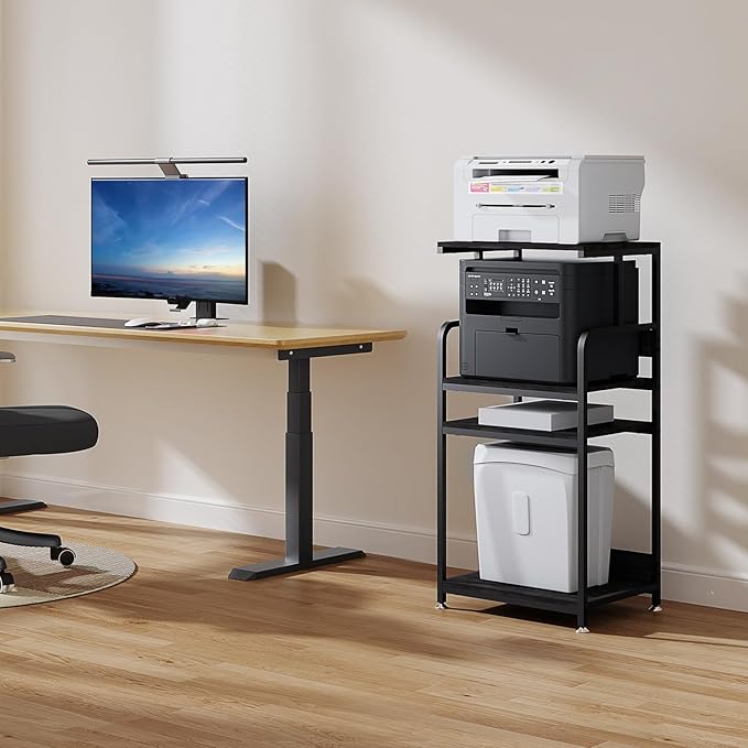 4 Tier Printer Stand with Storage Shelf, Large Tall Printer Table for Home Office, Mobile Printer Cart with Industrial Wheels for Paper Shredder Scanner Fax Heat Press Small Space Organization (Black)