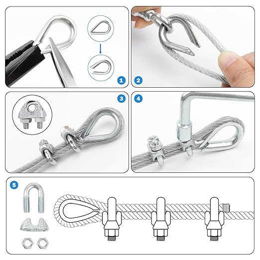 1/8" Wire Rope Kit, 100 Ft PVC Coated Steel Cable Guide Wire Tensioner Strainer Kit w/ 7×7 Strand Core Steel Wire for String Light Hanging Kit/Decking & Stair Railings/Shade Sails/Clothes Line