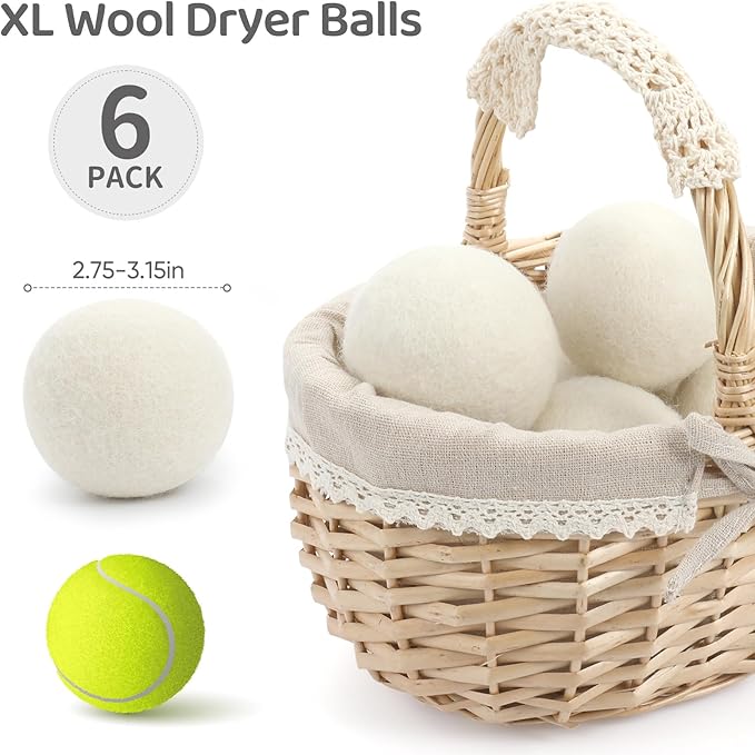 Wool Dryer Balls 6 Pack, Natural Fabric Softener, Dryer Balls Laundry Reusable, Reduces Clothing Wrinkles and Saves Drying Time (White)
