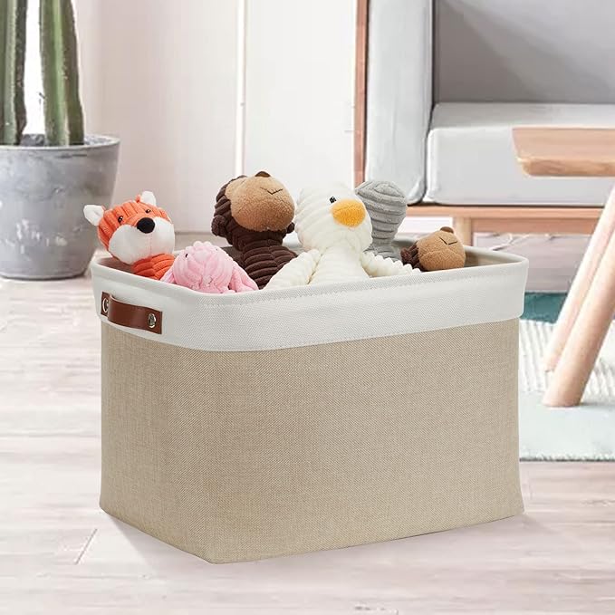 DULLEMELO Storage Baskets Large 16"x12"x12" Tall Rectangular Baskets Fabric Storage Bins for Organizing [1 Pack] Collapsible Linen Shelf Baskets for Clothes, Toys, Closet, Laundry (White&Khaki)