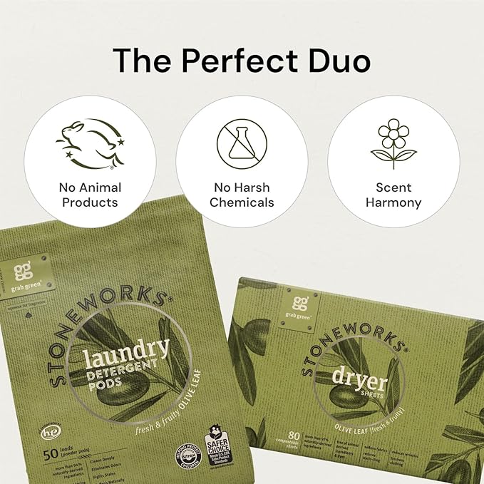 Grab Green Stoneworks Laundry Detergent Pods and Dryer Sheet Bundle, 50 Count Pods and 80 Dryer Sheets, Fragrance Free Rain Scent, Plant and Mineral Based Laundry Care Set