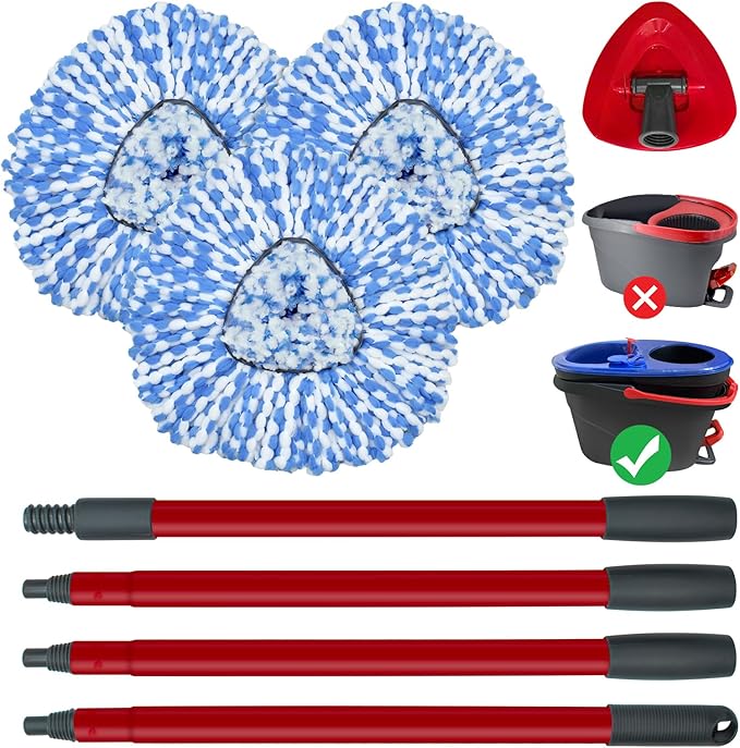 Spin Mop Replace Head, Mop Handle and Base Compatible with Ocedar RinseClean 2-Tank System, 3 Mop Replacement Head, 4-Section Sturdy Iron 30-58in Mop Handle and 1 Triangle Mop Head Cover Combo Set
