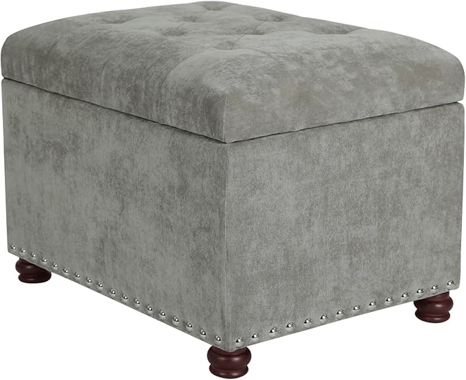 Joveco Storage Ottoman Foot Rest Stool, 24" Velvet Footstool Bench for Living Room Bedroom, Light Grey