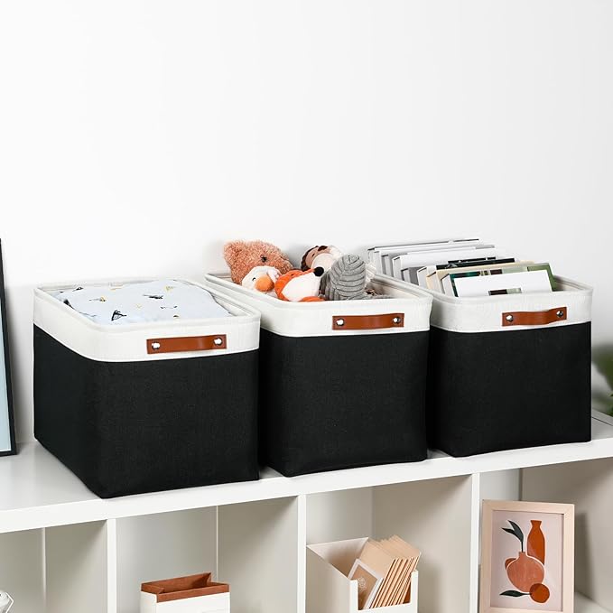 DULLEMELO Large Storage Baskets Fabric Storage Bins, Canvas Storage Basket for Shelf Toys, Decorative Large Storage Bins with Handle for Baby Gift(White&Black)