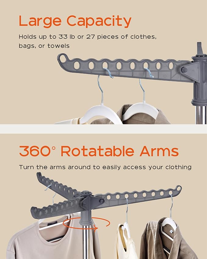 Clothes Drying Rack Foldable, 59 inch Tripod Laundry Drying Rack Indoor with Rotating Clothes Rail for 27 Pieces of Clothes, Space Saving, Stainless Steel, Grey and Silver CDR001G01