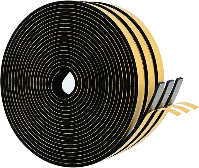 High Density Foam Weather Stripping Door Seal Strip Insulation Tape Roll for Insulating Door Frame, Window, Air Conditioner | Self Adhesive Sealing Weatherstrip (Black, 1/2 in x 1/8 in x 50)