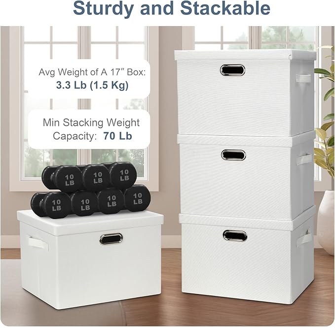 Large 17" 36 Quart Collapsible Stackable Storage Bins with Lids, 3 Packs White Linen Fabric Closet Boxes with Lids, Storage Cube Baskets Container Organizers for Bedroom Office(17 x12 x11)