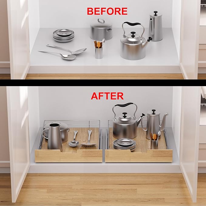 Pull Out Cabinet Organizer,Heavy-Duty Slide Out Shelf, Wood And Wire Basket, Pull Out Drawer for for Kitchen Under Sink Space, Pantry, Bathroom (26 * 21 WM)