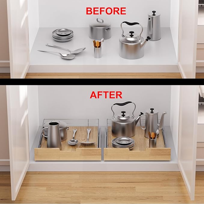 Pull Out Cabinet Organizer,Heavy-Duty Slide Out Shelf, Wood And Wire Basket, Pull Out Drawer for for Kitchen Under Sink Space, Pantry, Bathroom (17 * 21 WM)