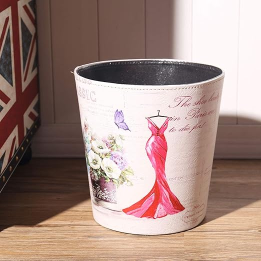 PU Leather Small Trash Can Wastebasket, Round Garbage Container Basket for Bathrooms, Laundry Room, Kitchens, Offices, Kids Rooms, Bedrooms,Dorms,Home Decorative Art Bin, 2.9 Gallon(Red Dress)