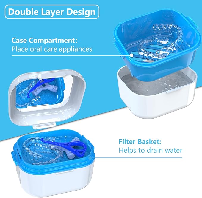 BVN Denture Case Denture Cup for Soaking Dentures Retainer Cleaner Case with Mirror Mouth Guard Case False Teeth Container White Blue