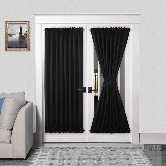 DWCN French Door Curtains – Rod Pocket Thermal Blackout Curtain for Doors with Glass Window, Kitchen and Patio Doors for Privacy, 54 X 72 Inches Long, 1 Curtain Panel with Tieback, Black