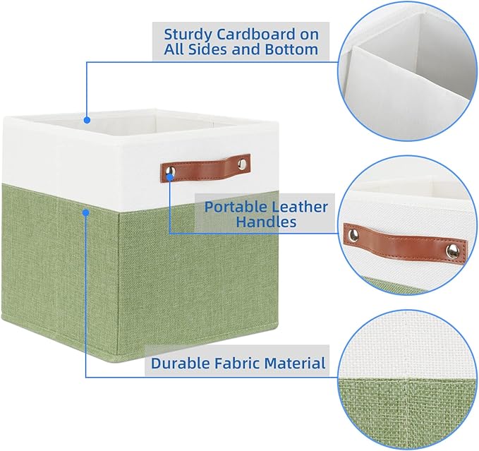 Temary Fabric Storage Bin 11x11 Cube Storage Bins for Home, 4 Pack Fabric Organizer Bins Cube Organizer Bins with Leather Handles Decorative Storage Bins for Shelf (White&Green)
