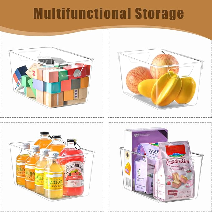 12 Pack Middle Organizers and Storage, Pantry Organization and Storage Bins, Cabinet Organizer, Clear Plastic Storage Containers with Handle，Acrylic Storage Bins for Cabinet, Fridge