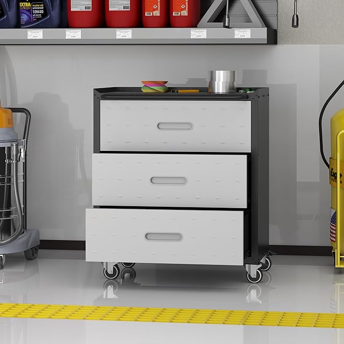 Metal Storage Cabinet with Wheels, Rolling Tool Cabinet, Garage Storage Cabinet with 3 Drawer for Tools, Assembly Required (Black/Grey)