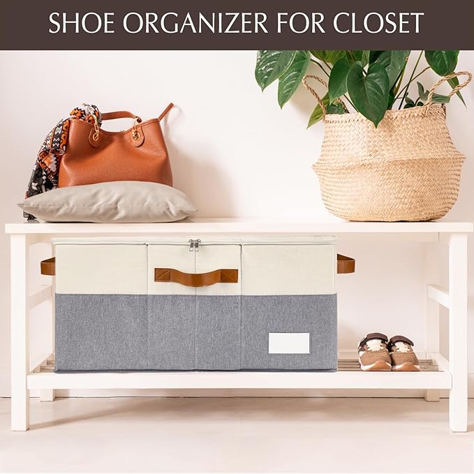 1 Pack Shoe Organizer for Closet, Adjustable Shoe Box Storage Containers, Large Foldable Shoe Bins with Clear Cover, Space Saving Shoes Holder with 4 Handles, Fits 12-24 Pairs, Beige
