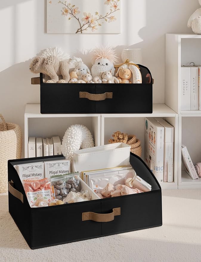 StorageWorks Closet Storage Bins, Trapezoid Organizer Box for Shelves, Fabric Clothes Bin, Foldable Organizing Baskets with Handles, Large, Black, 3-Pack