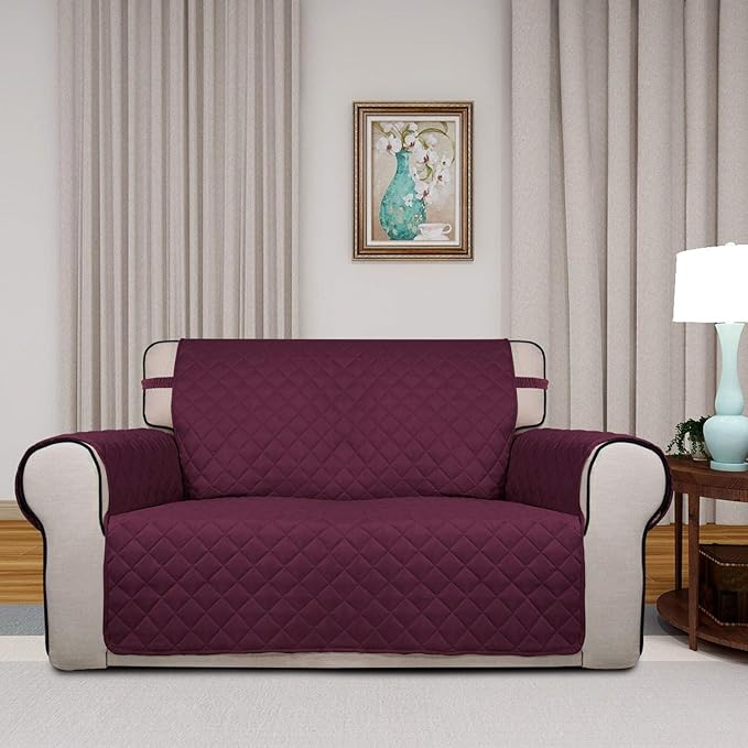 PureFit Reversible Quilted Sofa Cover, Water Resistant Medium Slipcover Furniture Protector, Washable Couch Cover with Non Slip Foam and Elastic Straps for Kids, Dogs, Pets (Loveseat, Wine/Beige)