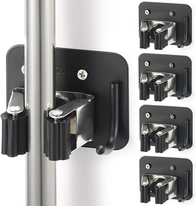 Broom Holder Wall Mount Screw Drilling, Sturdy Heavy Duty Stainless Steel Mop Gripper Rack Perforated, Perfect for Laundry Room Organizer, Fit with Laundry Kitchen Garage Garden Storage System