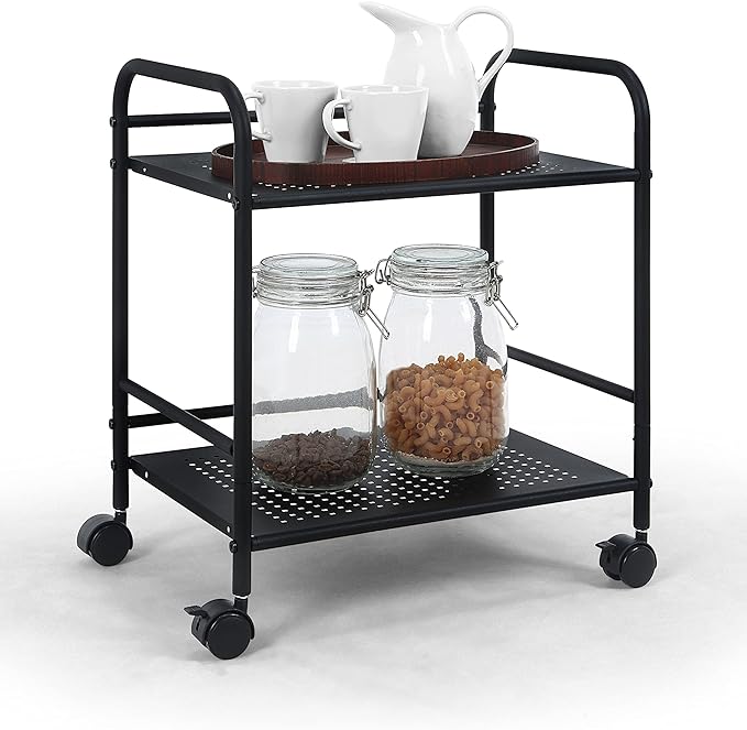 SunnyPoint 2-Tier Metal Rolling Utility Cart – Mobile Storage Shelf with Caster Wheels – Small Space Organizer for Home, Office, Bedroom, Kitchen (BLK)