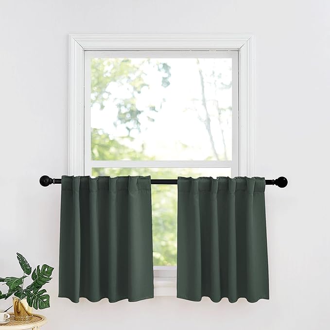RYB HOME Dark Green Small Blackout Window Curtains - Insualting Privacy Curtains for Kids Bedroom Kitchen Bathroom Basement Cafe Cabinet Tiers Drapes, 34 Width x 24 Length, 2 Panels