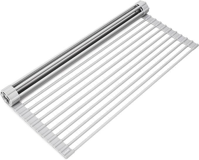 Surpahs Over Sink Foldable Multipurpose Roll-Up Dish Drying Rack, Silicone Wrapped Stainless Steel, Warm Gray, 20.5" x 15.5"