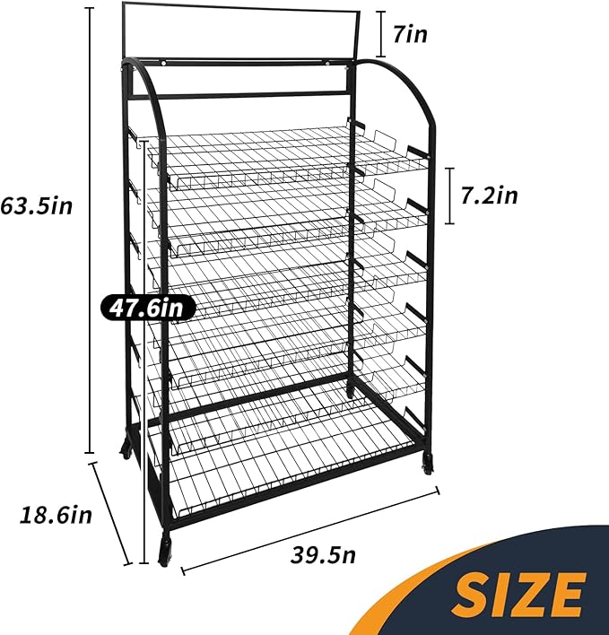 Tongmo Bakery Display Rack: Equipped with Wheels and Header Holder, 39.5" Wide Potato Chip Display Rack, 6 Shelves Snack Rack Display.(39.5", 6-Shelves, Black)