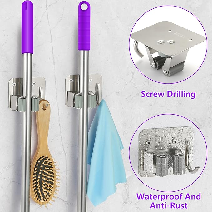 Broom Holder Wall Mount Screw Drilling, Sturdy Heavy Duty Stainless Steel Mop Gripper Rack Perforated, Perfect for Laundry Room Organizer, Fit with Laundry Kitchen Garage Garden Storage System