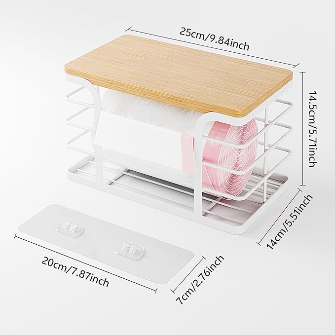 Trash Bag Holder Dispenser with Bamboo Top,Wall Mount Garbage Bag Dispenser,Stackable Storage for Kitchen Laundry Room Organization,White Small