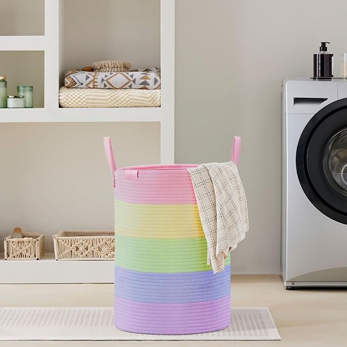 VIPOSCO Tall Laundry Basket, Large Dirty Clothes Hamper with Leather Handle, Woven Rope Storage Basket for Blanket, Toy In Living Room, Bathroom, Bedroom - 72L Rainbow