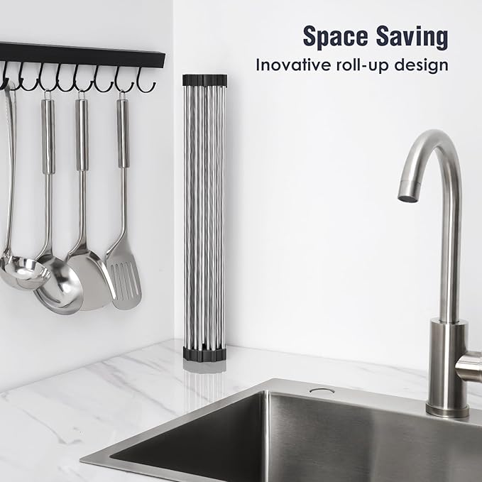 Tomorotec 17.7" x 12.5" Roll Up Dish Drying Rack Over Sink Drying Rack Sink Cover Kitchen Sink Accessories Gadget Multipurpose Organizer Foldable Stainless Steel Drainer