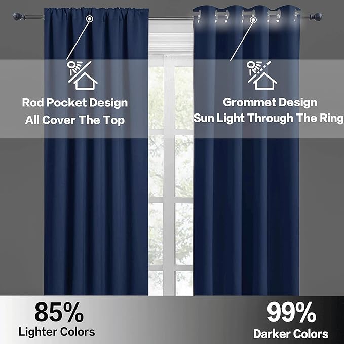 RYB HOME Blackout Curtains for Bedroom - Light Block Insulating Privacy Solar Curtain Set for Kitchen Living Room Home Theater Basement, 42 x 45 per Panel, Navy Blue, 2 Pcs